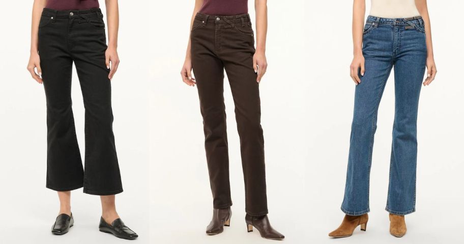 three women wearing wrangler jeans