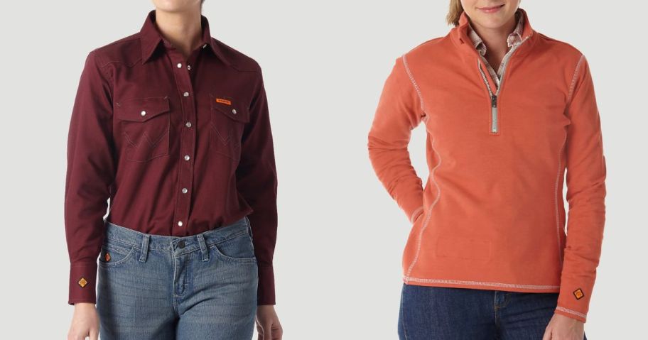 two women wearing a wrangler work shirt and pullover