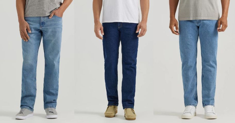 three men wearing wrangler jeans