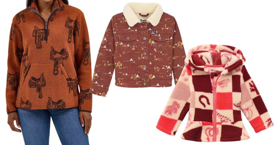 woman wearing sherpa wrangler pullover next to kids sherpa jackets