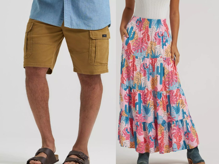 Two people modeling clothing side-by-side against a light background: one wearing tan cargo shorts on the left, and the other wearing a long pink tiered skirt with a colorful tropical and cactus print on the right.