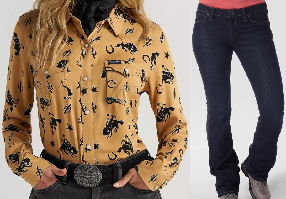 Two people modeling western clothing side-by-side against a light background: one wearing a tan long-sleeve snap shirt with black cowboy and cactus motifs on the left, and the other wearing dark wash blue jeans on the right.