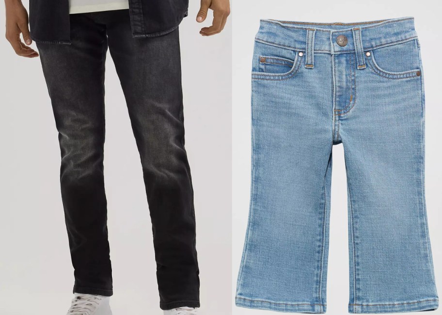 Two pairs of jeans side-by-side against a light background: a person modeling black jeans on the left, and a standalone pair of light blue jeans on the right.