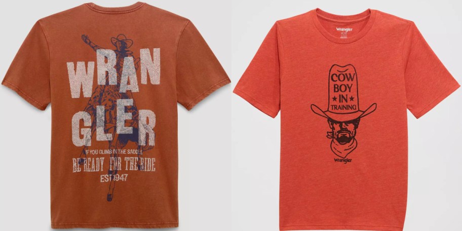 Two red and orange Wrangler graphic t-shirts side-by-side against a light background: one featuring a rodeo rider and large "WRANGLER" text on the left, and the other featuring a cowboy graphic and the text "COW BOY IN TRAINING" on the right.
