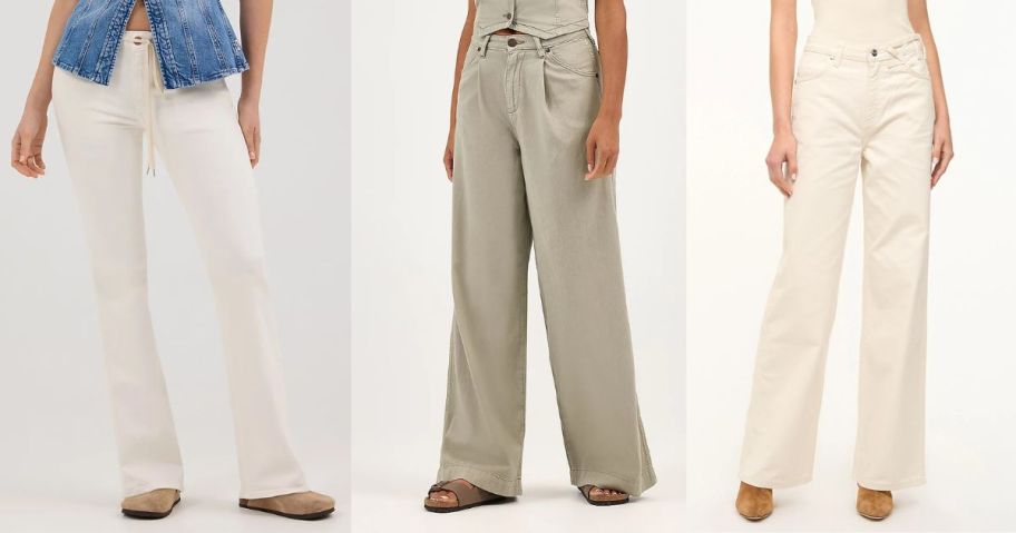 three women wearing wrangler jeans and trousers