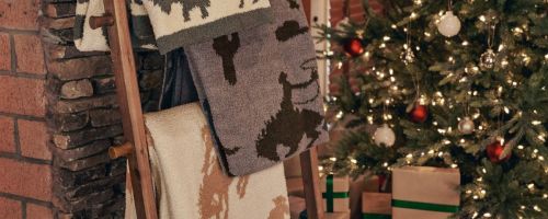 blankets hanging on ladder near christmas tree