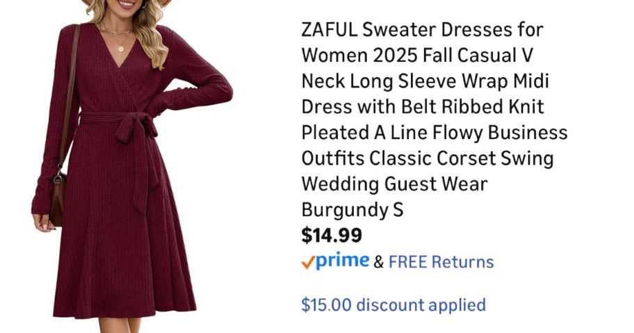 woman wearing burgundy dress next to Amazon pricing information