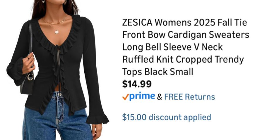 woman wearing black cardigan next to Amazon pricing information
