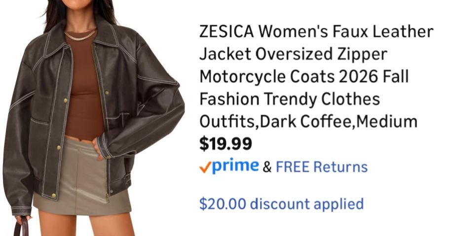 woman wearing brown jacket next to Amazon pricing information