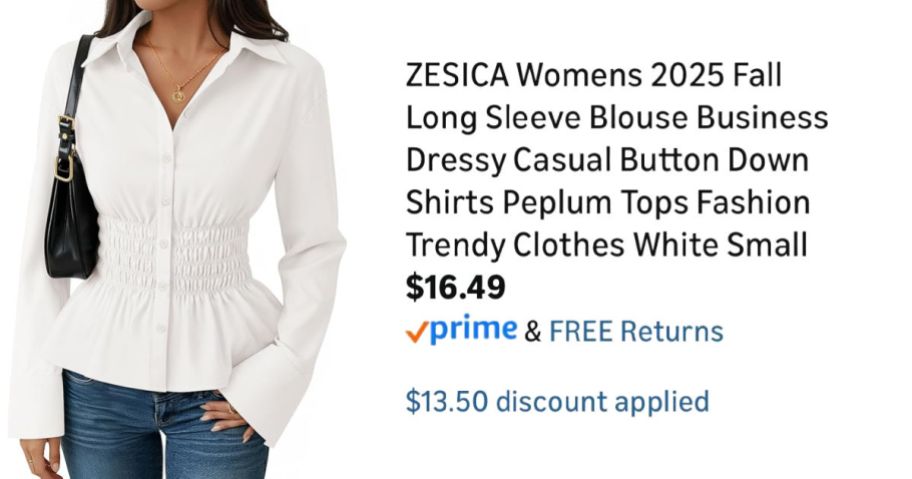 woman wearing white shirt next to Amazon pricing information