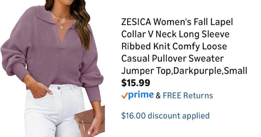 woman wearing purple sweater next to Amazon pricing information