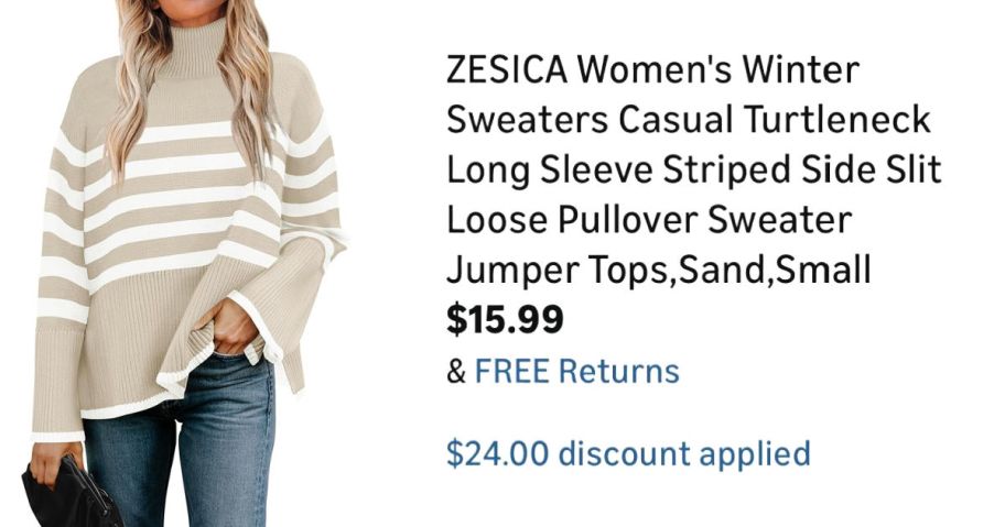 woman wearing striped turtleneck next to Amazon pricing information