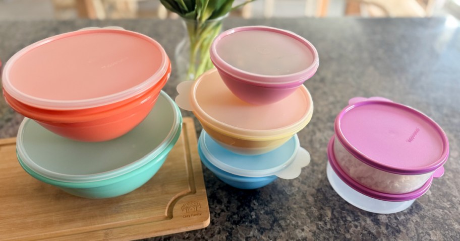 A colorful stack of plastic bowls with lids sits on a wooden board on a granite countertop. Nearby, a small stack of purple-lidded bowls holds rice. A green plant is in the background.