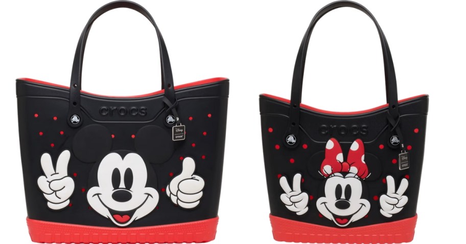 a Mickey Mouse and a Minnie Mouse Crocs bag