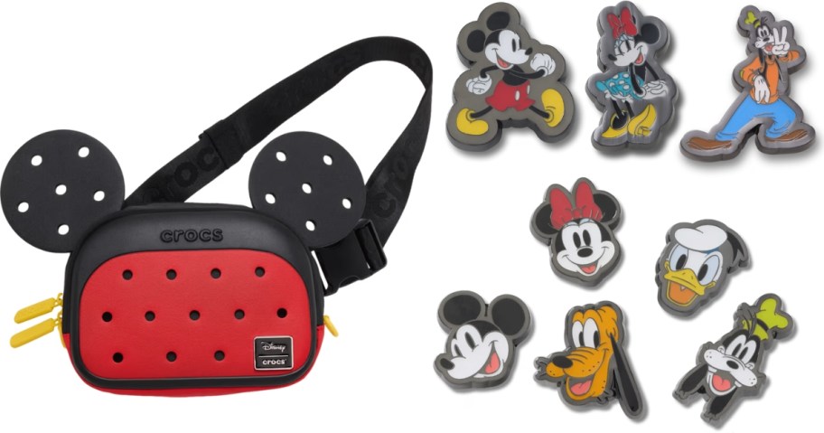 a Mickey Mouse Crocs Belt Bag and various Disney Crocs Jibbitz