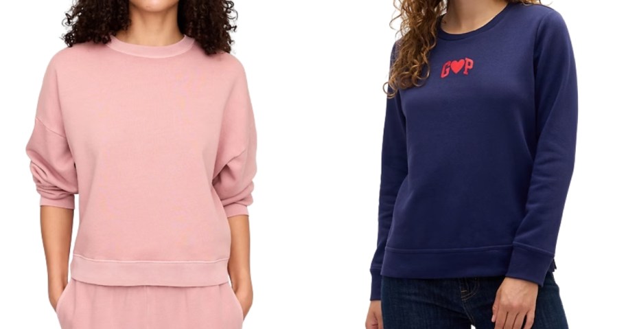 woman wearing a pink sweatshirt and woman wearing a blue GAP logo sweatshirt