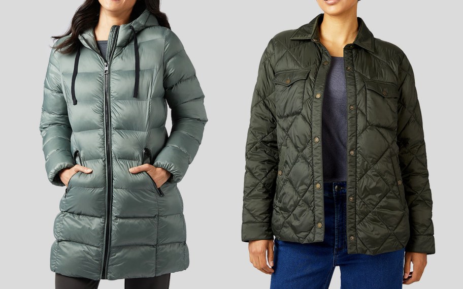 two women in blue and green jackets