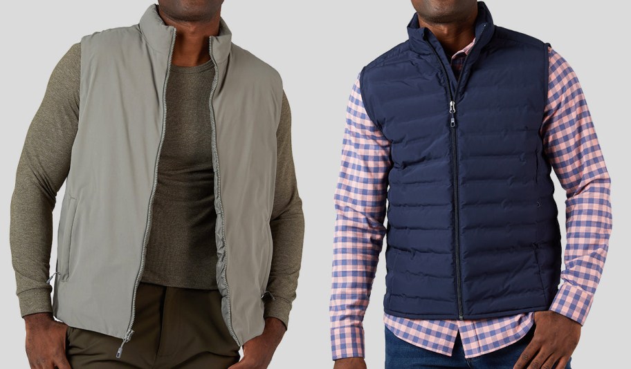 two men in grey and blue vests