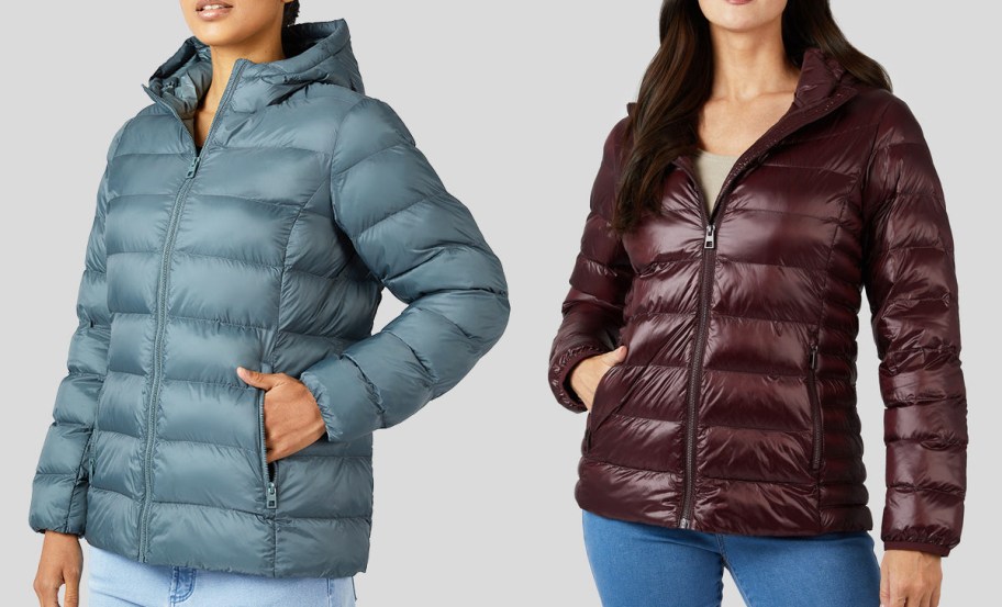 two women in blue and maroon packable jackets
