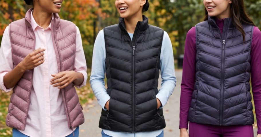 3 women wearing 32 Degrees packable Vests