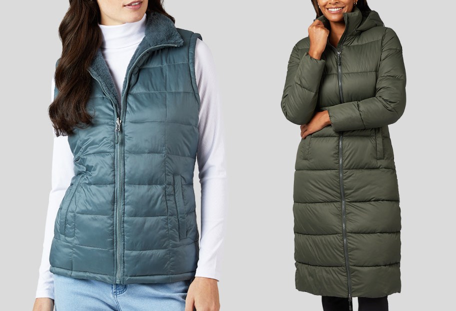women in blue vest and green puffer coat