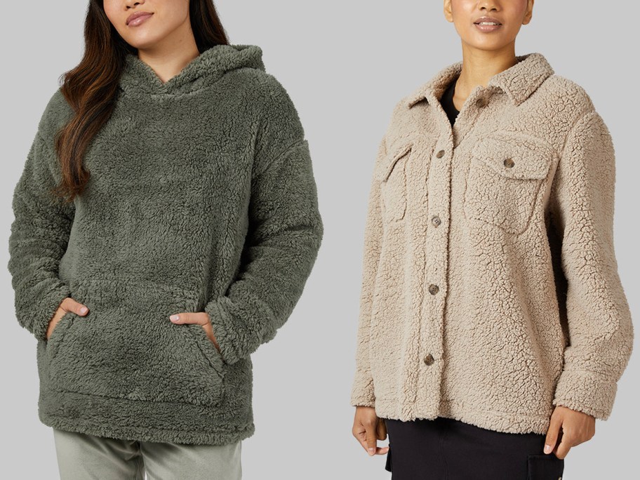 women wearing green and tan sherpa jackets 