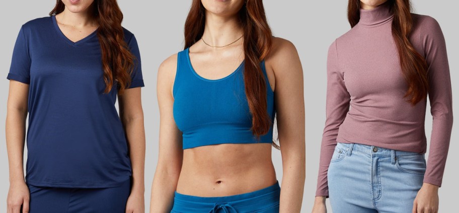 Three women are modeling different types of clothing: on the left, a woman in a dark blue v-neck t-shirt; in the middle, a woman wearing a turquoise crop top; and on the right, a woman dressed in a light purple long-sleeve turtleneck.