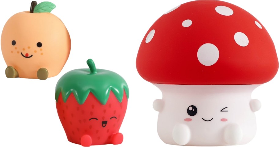 small squishy peach and strawberry mood lamps and a larger squishy mushroom mood lamp