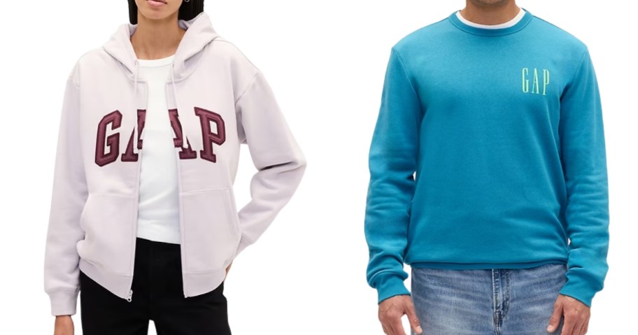 woman wearing a zip up GAP logo hoodie and man wearing a GAP logo sweatshirt