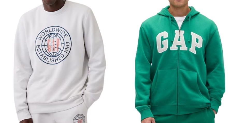 man wearing a GAP sweatshirt and man wearing a GAP zip up hoodie
