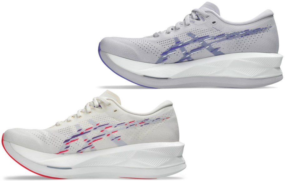 Two ASICS running shoes shown in profile against a white background; the top shoe is light grey with purple accents, and the bottom shoe is white with purple and red accents.