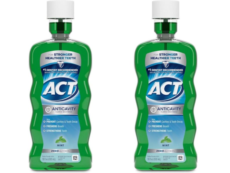 Stock images of two bottles of ACT mouthwash