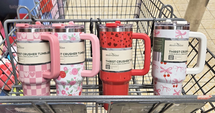 4 valentine's themed tumblers in a shopping cart