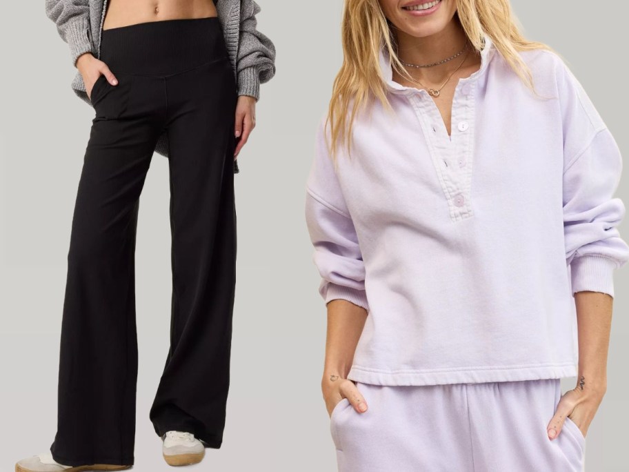 Stock images of two women wearing Aerie Trousers and a sweatshirt