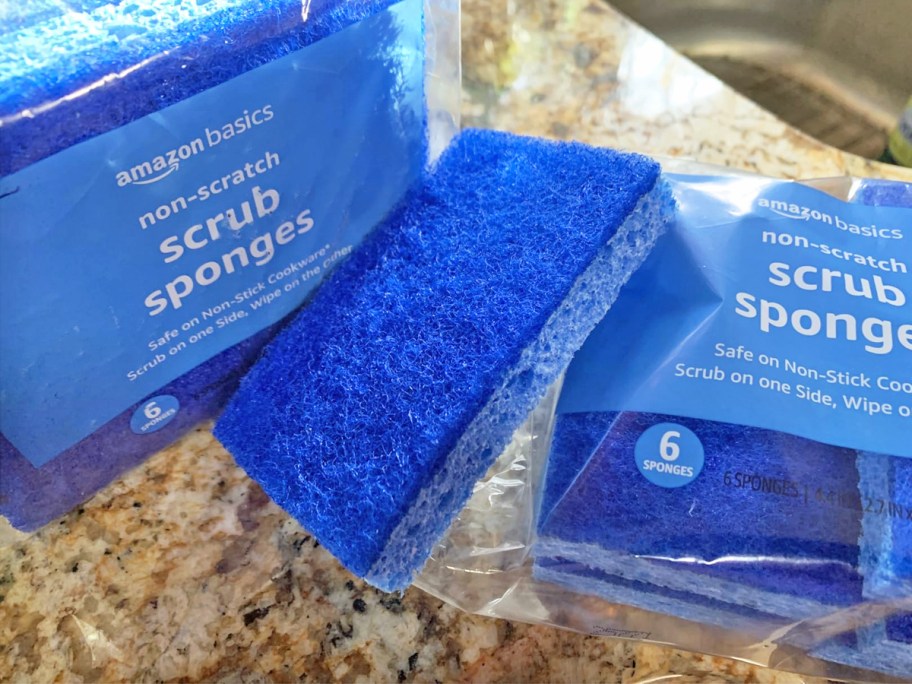 opened blue pack of sponges on counter