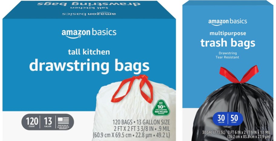 2 blue boxes of Amazon Basics Trash Bags