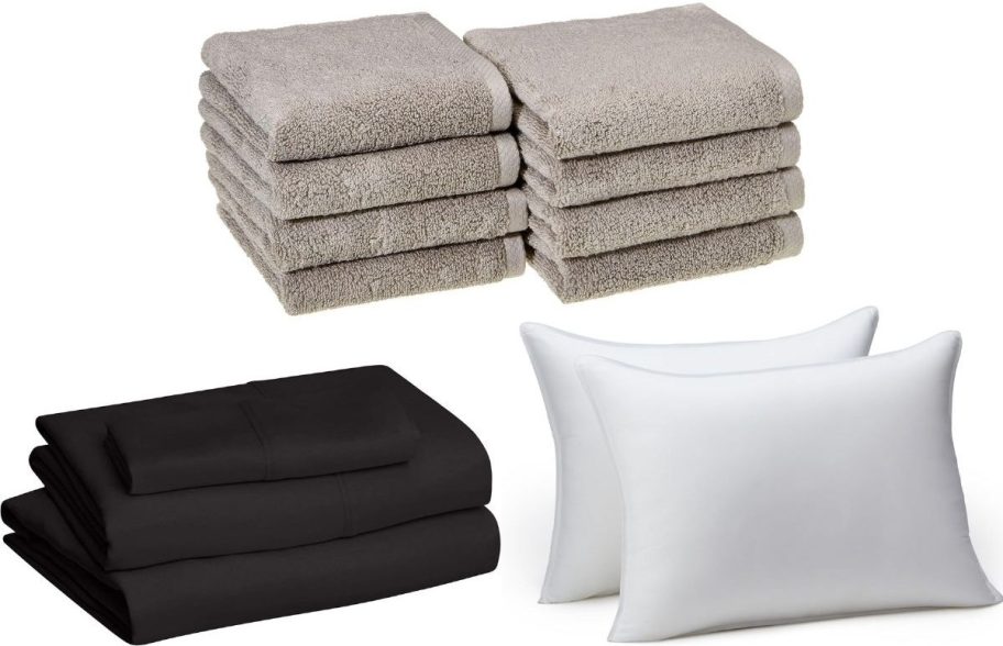 Stock images of a set of Amazon basics sheets, pillows and hand towels