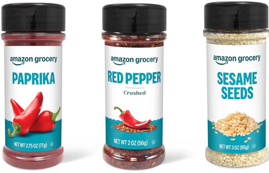 Stock images of Amazon Grocery Paprika, Crushed Red Pepper, and Sesame Seeds