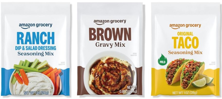Stock images of Amazon Grocery Ranch, Gravy and Taco seasoning pouches