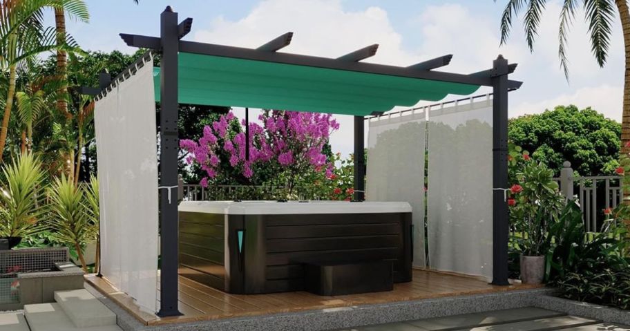 An aluminum pergola with a canopy and mesh sides