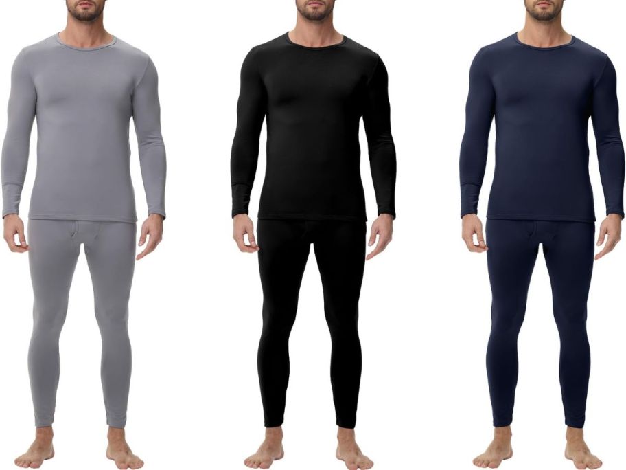 3 men wearing thermal long underwear