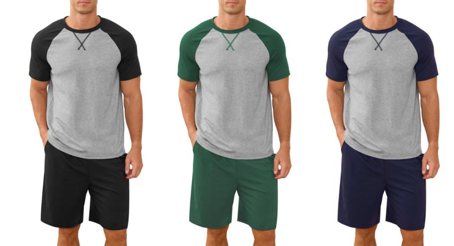 three stock images of men wearing amazon pajama sets