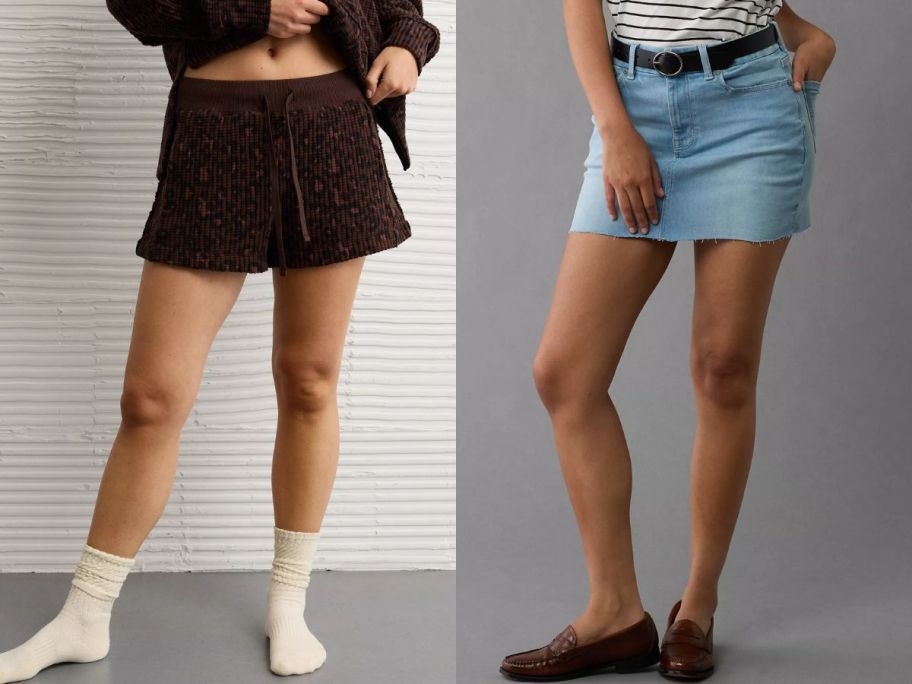two women wearing American Eagle shorts and skirt