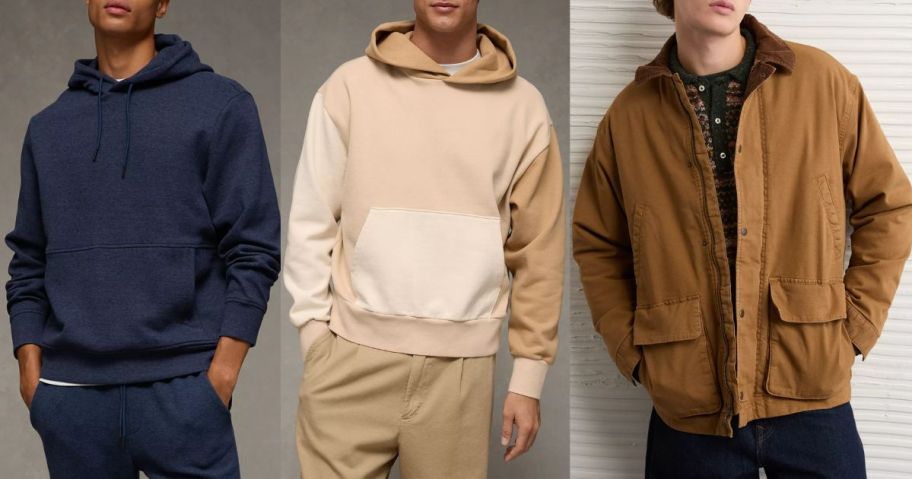 3 men wearing American Eagle Hoodies and a Jacket