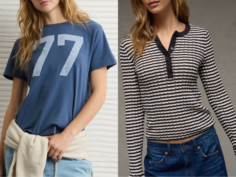 Two women wearing American Eagle tops