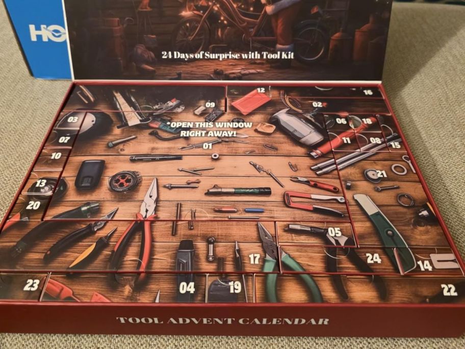 A tool advent box depicting lots of tools