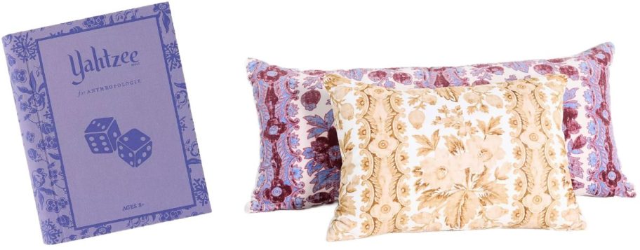 Stock images of Anthropologie Yahtzee game and throw pillows