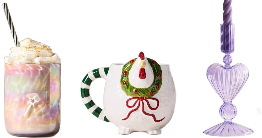 Stock images of an Anthropologie juice glass, coffee mug and tapered candle holder