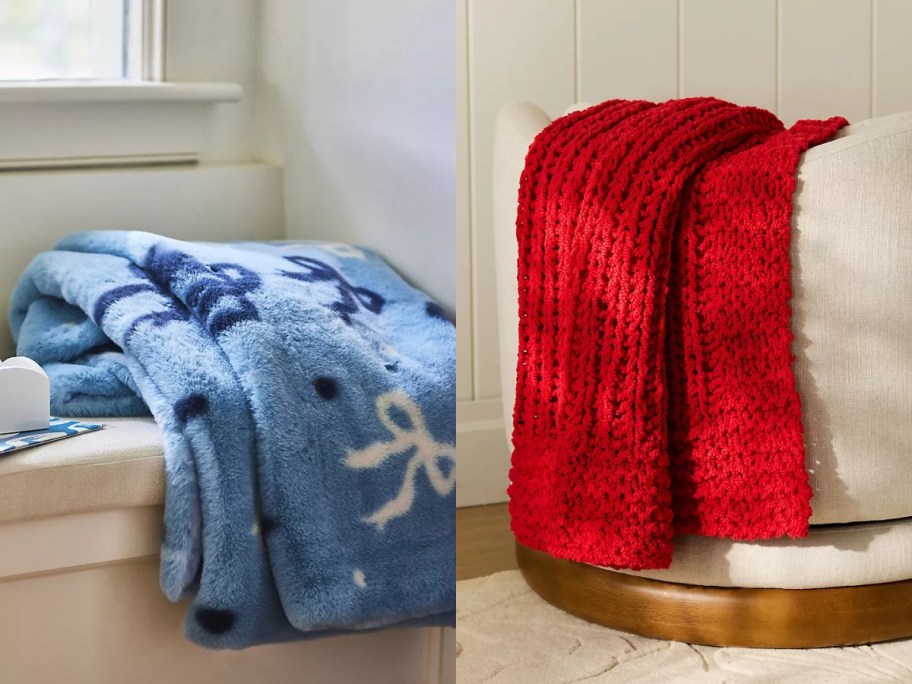 A blue blanket with ribbon trim and a red knit blanket from Anthropologie.