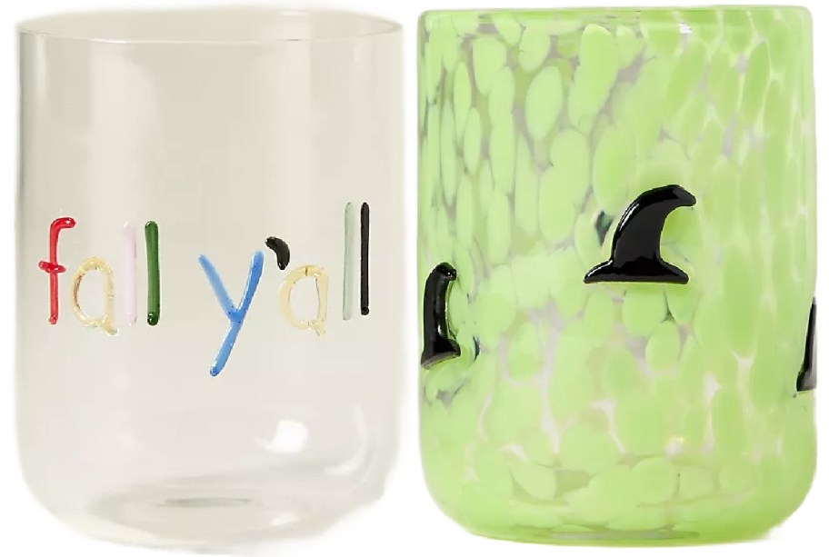 Autumn stemware and green witch hat stemware from Anthropologie.